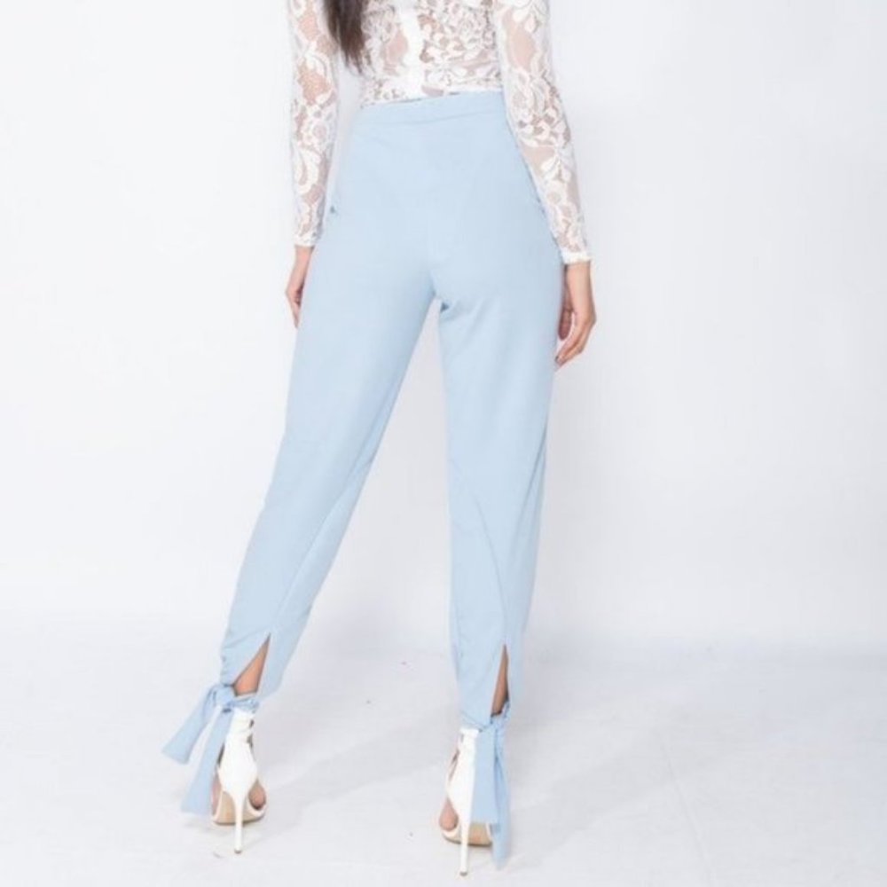 Blue High Waist Tie Hem Tapered Ankle Pants - Picture 5 of 5
